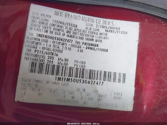 Aukcja sprzedaży 2003 Mercury Sable Gs, vin: 1MEFM50U53G627477, numer aukcji: 45183178