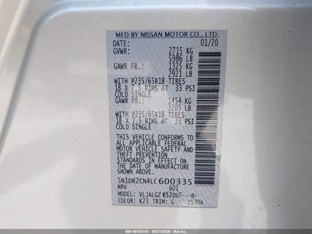 5N1DR2CN4LC600335 Nissan Pathfinder Sl 2wd
