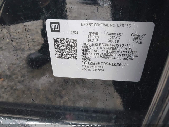 45183186 :رقم المزاد ، 1G1ZB5ST0SF103613 vin ، 2025 Chevrolet Malibu Fwd Ls مزاد بيع