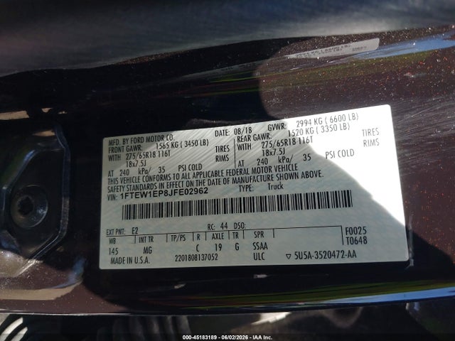 45183189 :رقم المزاد ، 1FTEW1EP8JFE02962 vin ، 2018 Ford F-150 Xlt مزاد بيع