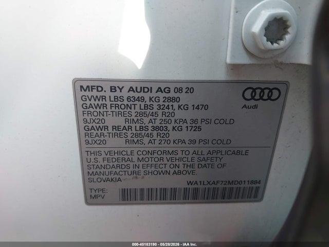 Продаж на аукціоні авто 2021 Audi Q7 Premium Plus 55 Tfsi Quattro Tiptronic, vin: WA1LXAF72MD011884, номер лоту: 45183190