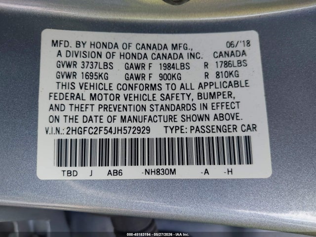 Aukcja sprzedaży 2018 Honda Civic Lx, vin: 2HGFC2F54JH572929, numer aukcji: 45183194