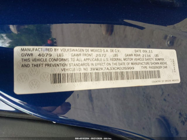 45183204 :رقم المزاد ، 3VW2K7AJ3CM325999 vin ، 2012 Volkswagen Jetta 2.0l S مزاد بيع