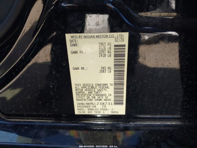 Продаж на аукціоні авто 2020 Nissan Altima S Fwd, vin: 1N4BL4BV9LC238731, номер лоту: 45183208