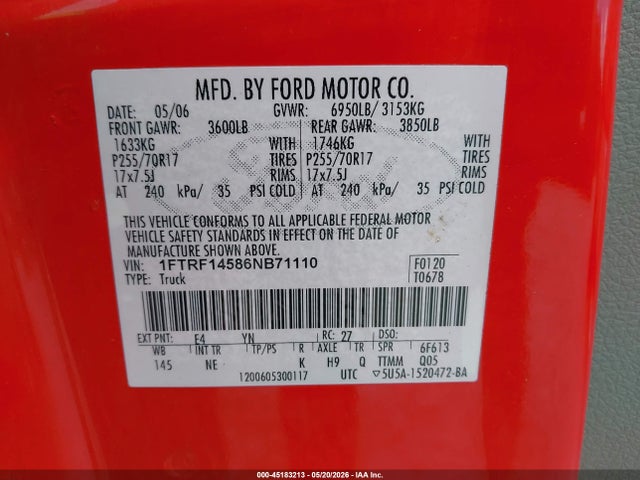 Продажа на аукционе авто 2006 Ford F-150 Fx4/xl/xlt, vin: 1FTRF14586NB71110, номер лота: 45183213