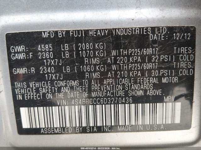 2013 Subaru Outback 2.5i Premium მანქანა იყიდება აუქციონზე, vin: 4S4BRCCC6D3270436, აუქციონის ნომერი: 45183214