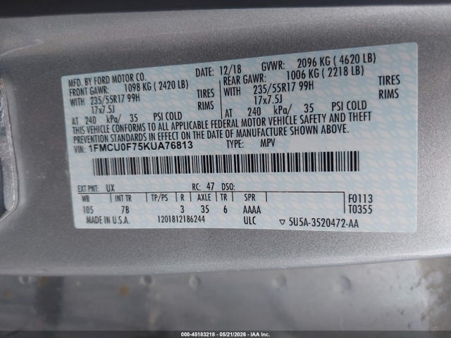 2019 Ford Escape S მანქანა იყიდება აუქციონზე, vin: 1FMCU0F75KUA76813, აუქციონის ნომერი: 45183218