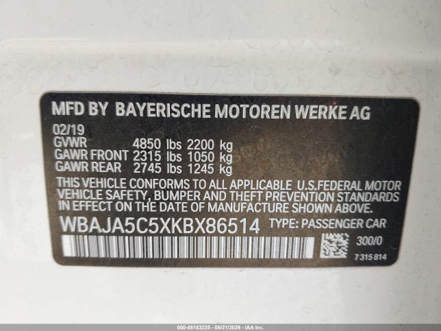 Aukcja sprzedaży 2019 Bmw 530i, vin: WBAJA5C5XKBX86514, numer aukcji: 45183225