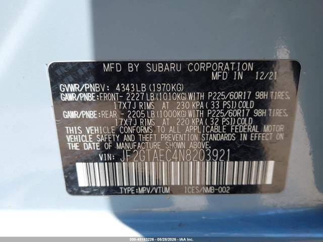 Продаж на аукціоні авто 2022 Subaru Crosstrek Premium, vin: JF2GTAEC4N8203921, номер лоту: 45183226