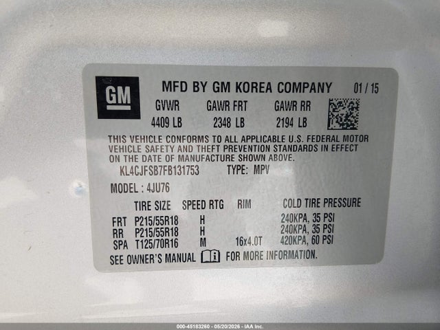 Продажа на аукционе авто 2015 Buick Encore Convenience, vin: KL4CJFSB7FB131753, номер лота: 45183260