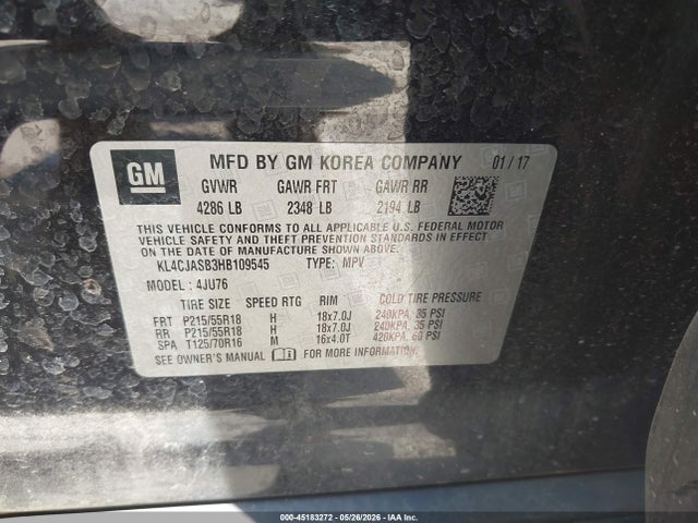 45183272 :رقم المزاد ، KL4CJASB3HB109545 vin ، 2017 Buick Encore Preferred مزاد بيع