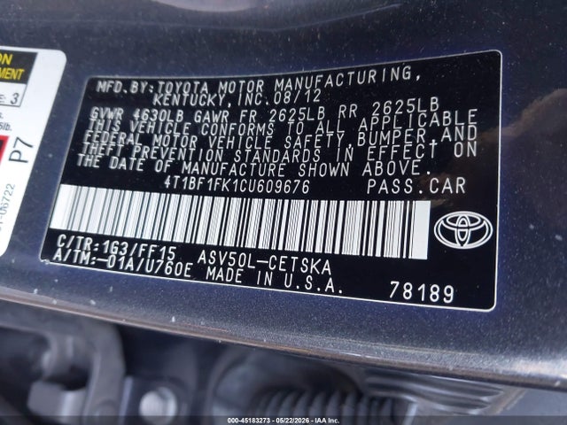 Продажа на аукционе авто 2012 Toyota Camry Se, vin: 4T1BF1FK1CU609676, номер лота: 45183273
