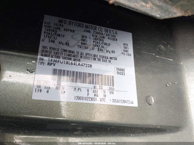2004 Ford Expedition Eddie Bauer მანქანა იყიდება აუქციონზე, vin: 1FMFU18L64LA47228, აუქციონის ნომერი: 45183293