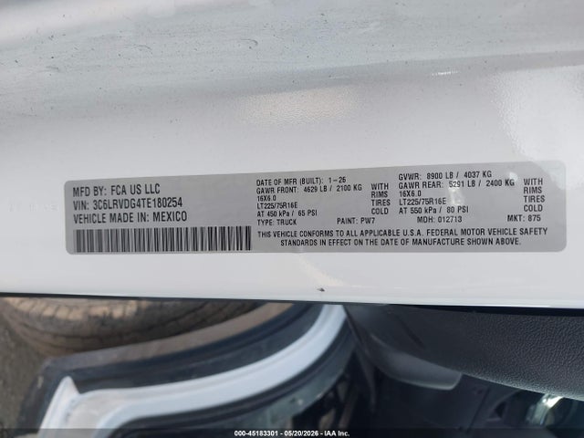 45183301 :رقم المزاد ، 3C6LRVDG4TE180254 vin ، 2026 Ram Promaster 2500 Tradesman High Roof 159 Wb W/pass Seat مزاد بيع