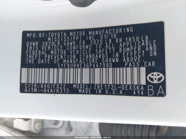Продажа на аукционе авто 2016 Toyota Corolla S Plus, vin: 5YFBURHE3GP447990, номер лота: 45183306