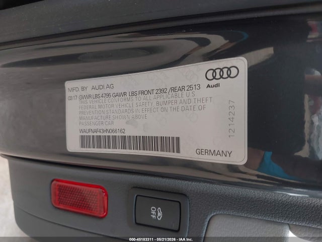 2017 Audi A4 2.0t Premium მანქანა იყიდება აუქციონზე, vin: WAUFNAF43HN066162, აუქციონის ნომერი: 45183311
