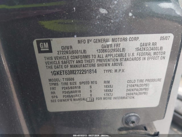 2007 Gmc Envoy Denali მანქანა იყიდება აუქციონზე, vin: 1GKET63M272291814, აუქციონის ნომერი: 45183313