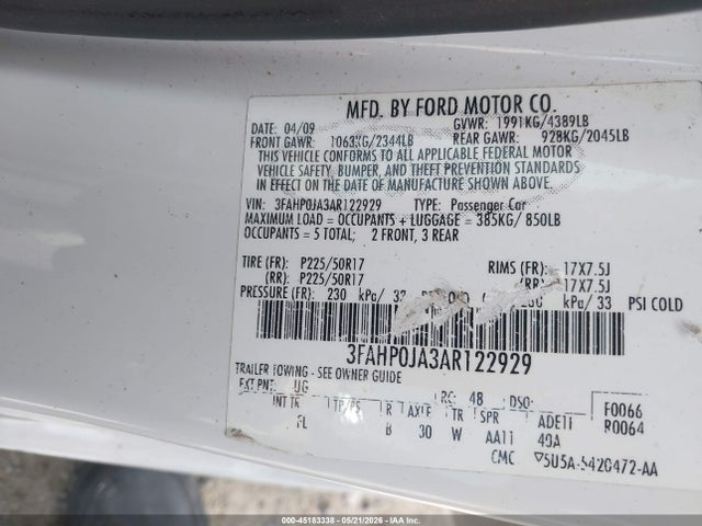 Aukcja sprzedaży 2010 Ford Fusion Sel, vin: 3FAHP0JA3AR122929, numer aukcji: 45183338