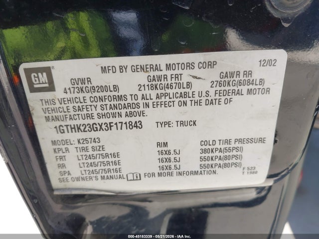 Продаж на аукціоні авто 2003 Gmc Sierra 2500hd Sle, vin: 1GTHK23GX3F171843, номер лоту: 45183339