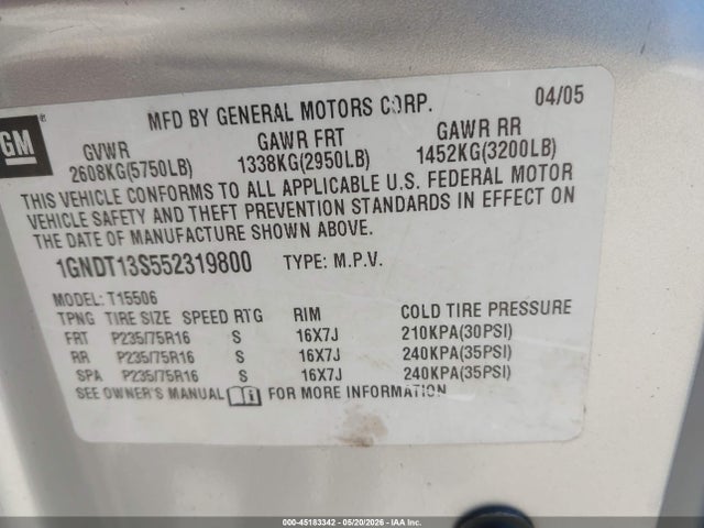 2005 Chevrolet Trailblazer Ls მანქანა იყიდება აუქციონზე, vin: 1GNDT13S552319800, აუქციონის ნომერი: 45183342