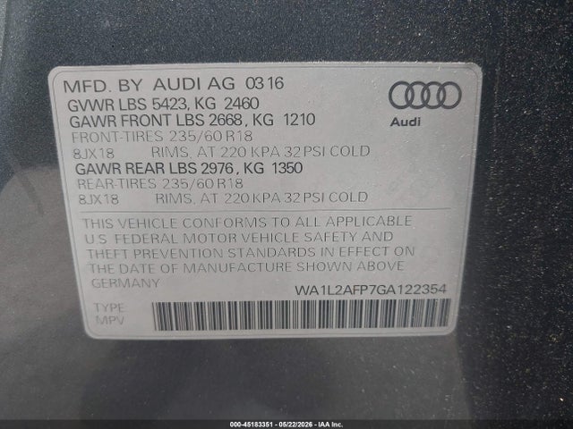 Aukcja sprzedaży 2016 Audi Q5 2.0t Premium, vin: WA1L2AFP7GA122354, numer aukcji: 45183351
