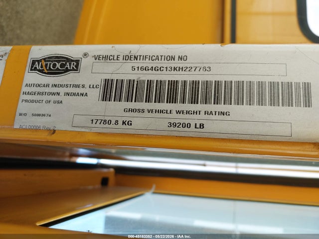 2019 Autocar Llc Xspotter-off მანქანა იყიდება აუქციონზე, vin: 516G4GC13KH227763, აუქციონის ნომერი: 45183352