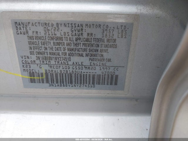 3N1AB8BV1NY274510 Nissan Sentra S Xtronic Cvt