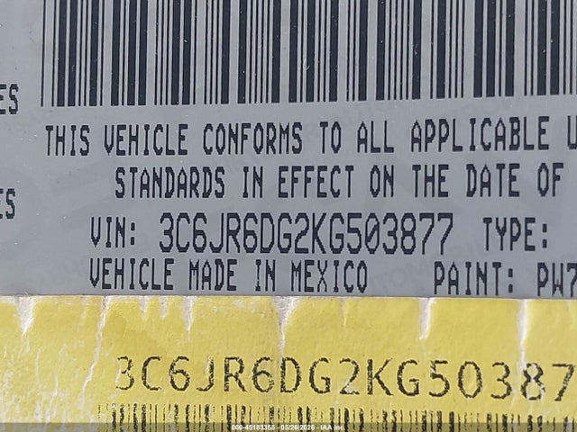 45183355 :رقم المزاد ، 3C6JR6DG2KG503877 vin ، 2019 Ram 1500 Classic Tradesman  4x2 8' Box مزاد بيع