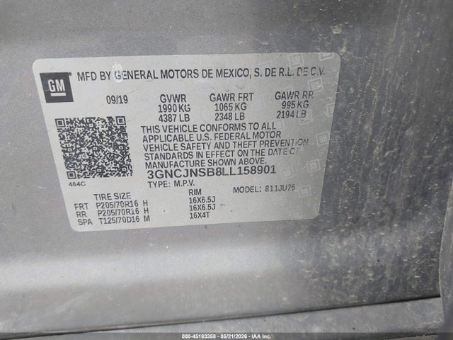45183358 :رقم المزاد ، 3GNCJNSB8LL158901 vin ، 2020 Chevrolet Trax Awd Ls مزاد بيع