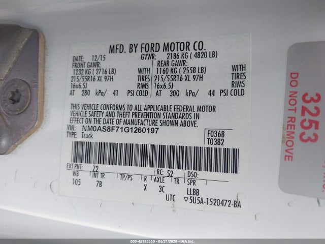 2016 Ford Transit Connect Xlt მანქანა იყიდება აუქციონზე, vin: NM0AS8F71G1260197, აუქციონის ნომერი: 45183359