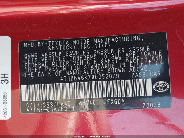 45183371 :رقم المزاد ، 4T1BB46K78U052079 vin ، 2008 Toyota Camry Hybrid مزاد بيع