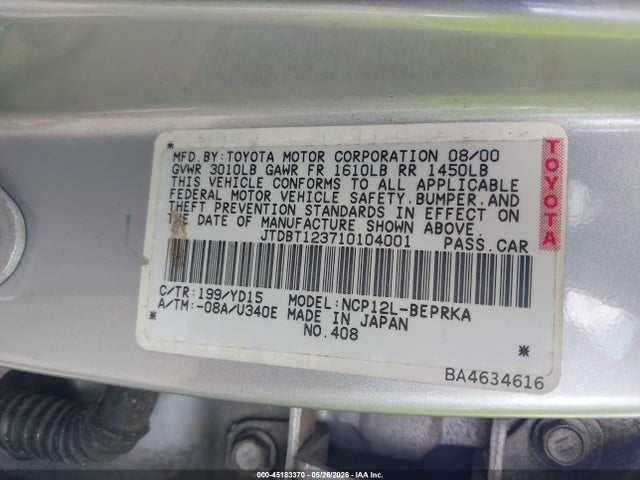 45183370 :رقم المزاد ، JTDBT123710104001 vin ، 2001 Toyota Echo مزاد بيع