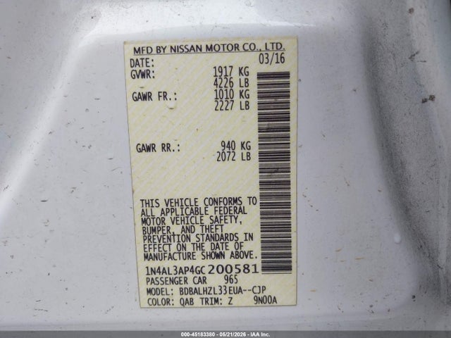 45183380 :رقم المزاد ، 1N4AL3AP4GC200581 vin ، 2016 Nissan Altima 2.5 Sr مزاد بيع