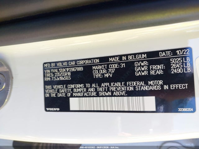 45183382 :رقم المزاد ، YV4L12UK1P2967889 vin ، 2023 Volvo Xc40 B5 Core مزاد بيع