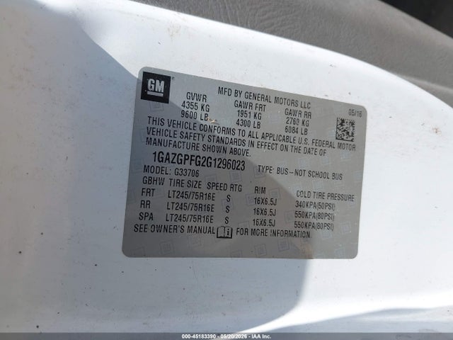 Aukcja sprzedaży 2016 Chevrolet Express 3500 Lt, vin: 1GAZGPFG2G1296023, numer aukcji: 45183390