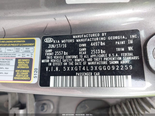 Aukcja sprzedaży 2016 Kia Optima Lx, vin: 5XXGT4L3XGG092259, numer aukcji: 45183398