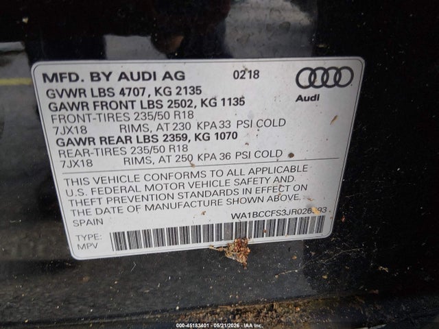 45183401 :رقم المزاد ، WA1BCCFS3JR026593 vin ، 2018 Audi Q3 2.0t Premium/2.0t Sport Premium مزاد بيع
