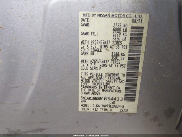 Продаж на аукціоні авто 2011 Nissan Pathfinder Silver, vin: 5N1AR1NN8BC634433, номер лоту: 45183412