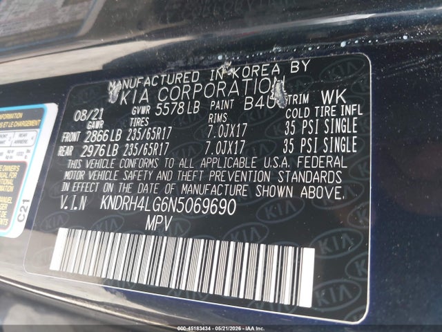 Aukcja sprzedaży 2022 Kia Sorento Hybrid Ex, vin: KNDRH4LG6N5069690, numer aukcji: 45183434