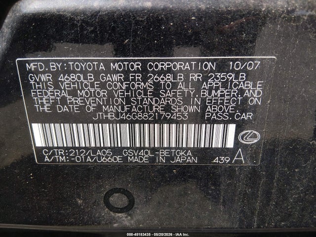 2008 Lexus Es 350 მანქანა იყიდება აუქციონზე, vin: JTHBJ46G882179453, აუქციონის ნომერი: 45183435