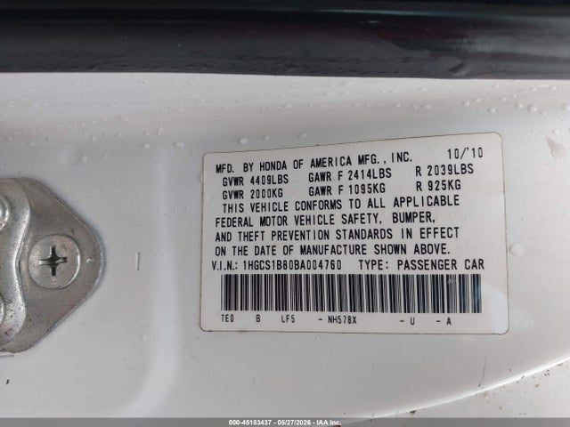Aukcja sprzedaży 2011 Honda Accord 2.4 Ex-l, vin: 1HGCS1B80BA004760, numer aukcji: 45183437