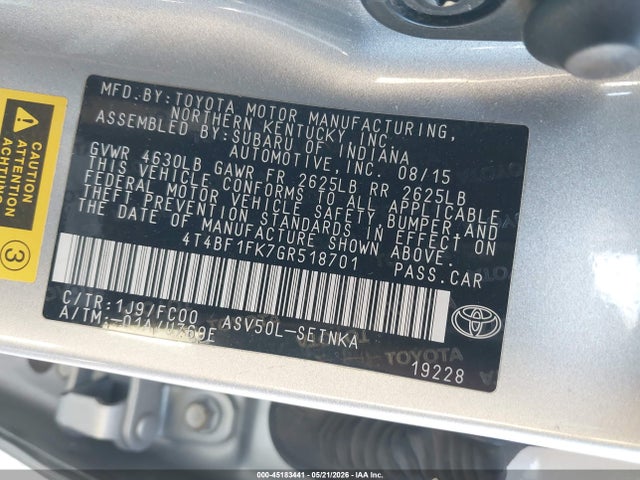 2016 Toyota Camry Le მანქანა იყიდება აუქციონზე, vin: 4T4BF1FK7GR518701, აუქციონის ნომერი: 45183441