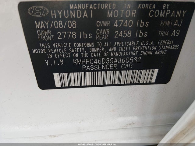 45183442 :رقم المزاد ، KMHFC46D39A360532 vin ، 2009 Hyundai Azera Gls مزاد بيع