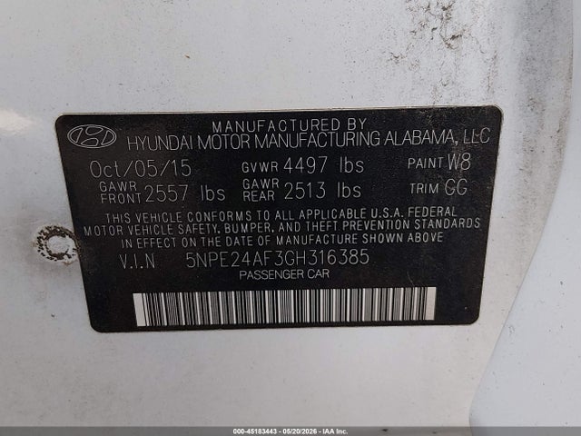 45183443 :رقم المزاد ، 5NPE24AF3GH316385 vin ، 2016 Hyundai Sonata Se مزاد بيع