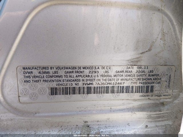 Aukcja sprzedaży 2012 Volkswagen Jetta Sportwagen 2.0l Tdi, vin: 3VWML7AJ6CM612467, numer aukcji: 45183453