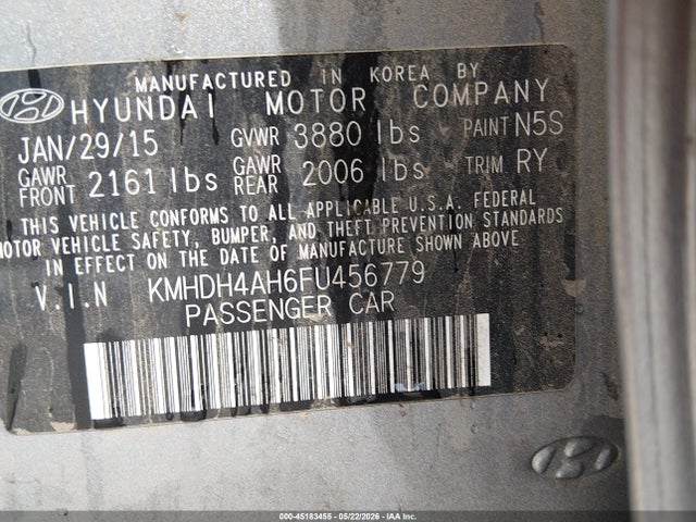 45183455 :رقم المزاد ، KMHDH4AH6FU456779 vin ، 2015 Hyundai Elantra Sport مزاد بيع