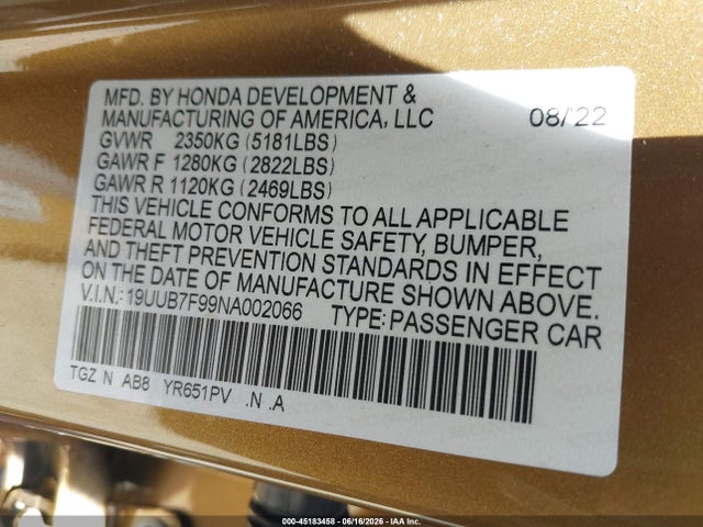 Продаж на аукціоні авто 2022 Acura Tlx Type S - Hp Wheel And Tire, vin: 19UUB7F99NA002066, номер лоту: 45183458