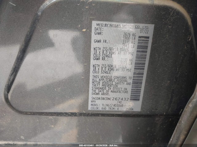2022 Nissan Pathfinder Sv 4wd მანქანა იყიდება აუქციონზე, vin: 5N1DR3BC0NC267432, აუქციონის ნომერი: 45183461