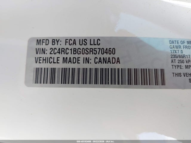 45183466 :رقم المزاد ، 2C4RC1BG0SR570460 vin ، 2025 Chrysler Pacifica Select مزاد بيع