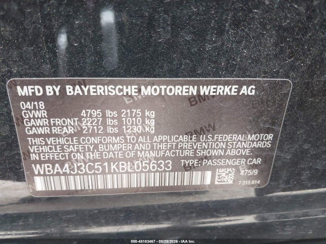 2019 Bmw 430i Gran Coupe Xdrive მანქანა იყიდება აუქციონზე, vin: WBA4J3C51KBL05633, აუქციონის ნომერი: 45183467